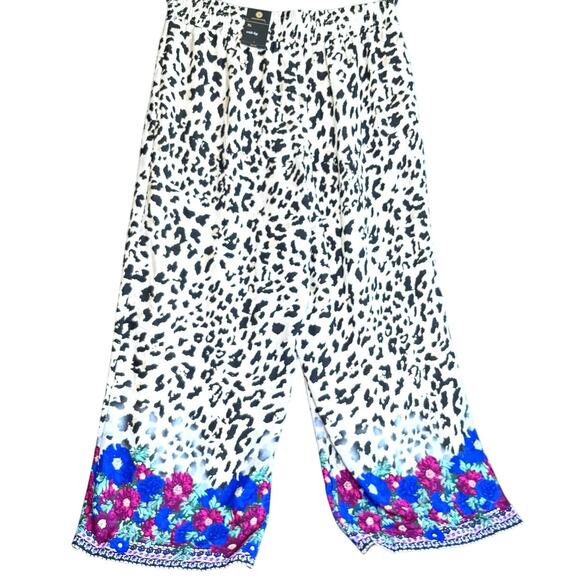 JM Collection Wide Leg Floral Cheetah Animal Print Indie Boho Pants XL NEW - Picture 2 of 6